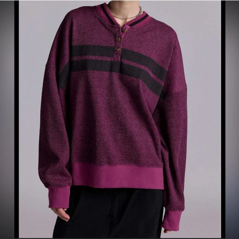 Urban Outfitters BDG Cameron Striped Thermal Long Sleeve Henley Top - Picture 2 of 3